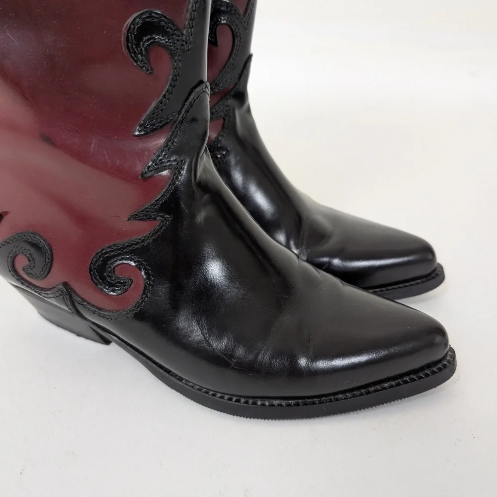 Pleather Ombre Boots Western Faux Leather PVC Round Toe Maroon Burgundy - Picture 2 of 10